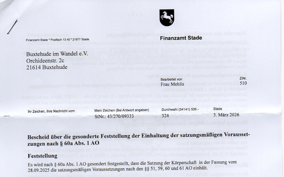 Buxtehude im Wandel e.V. als gemeinnützig anerkannt